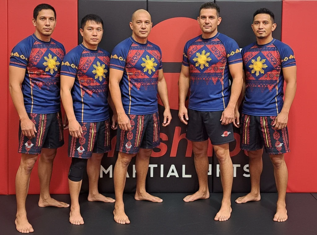 Five BJJ athletes wearing matching blue, red and yellow Philippine-themed rash guards